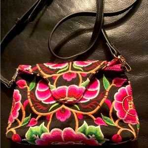 Blumera Handbag black with pink floral embroidery clutch or shoulder purse